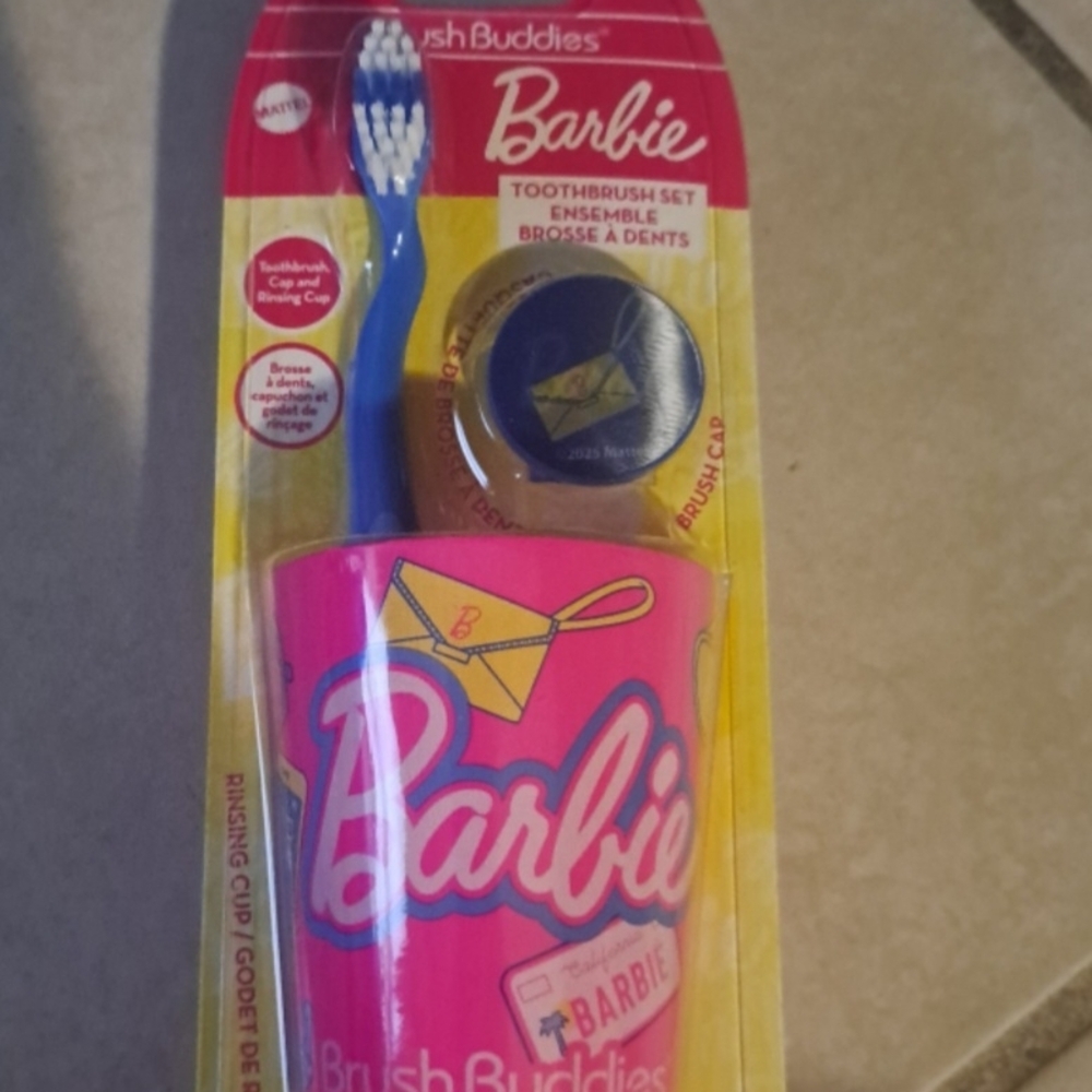 Barbie Pink and Blue Kids Toothbrush Set with Cup and Cap